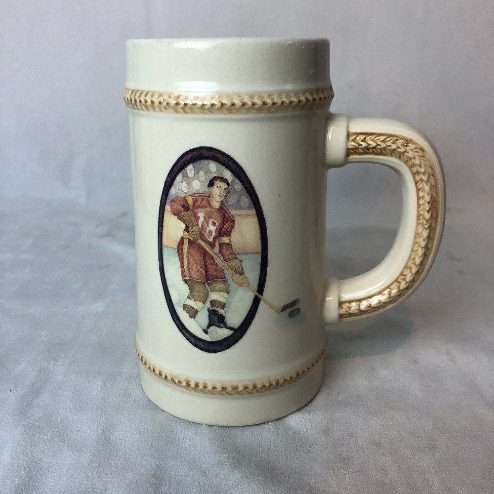 RUSS BERRIE & COMPANY vintage hand-painted ceramic stein/mug Hockey player